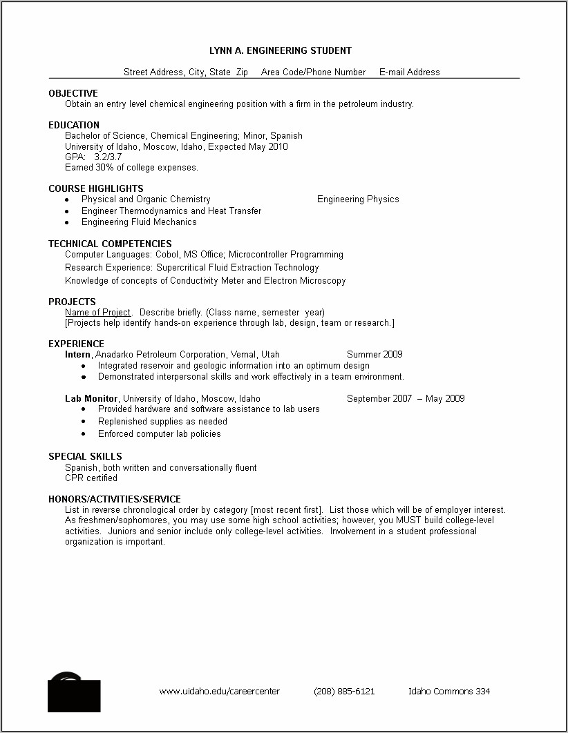 Entry Level Chemical Engineer Objective Resume