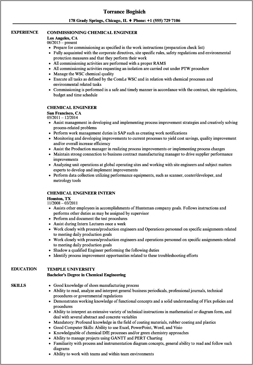 Entry Level Chemical Engineering Resume Samples