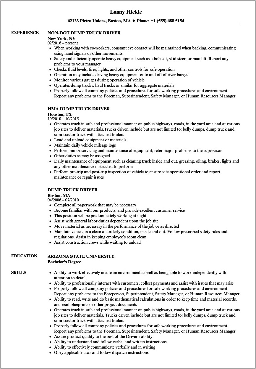 Entry Level Class A Driver Resume Sample