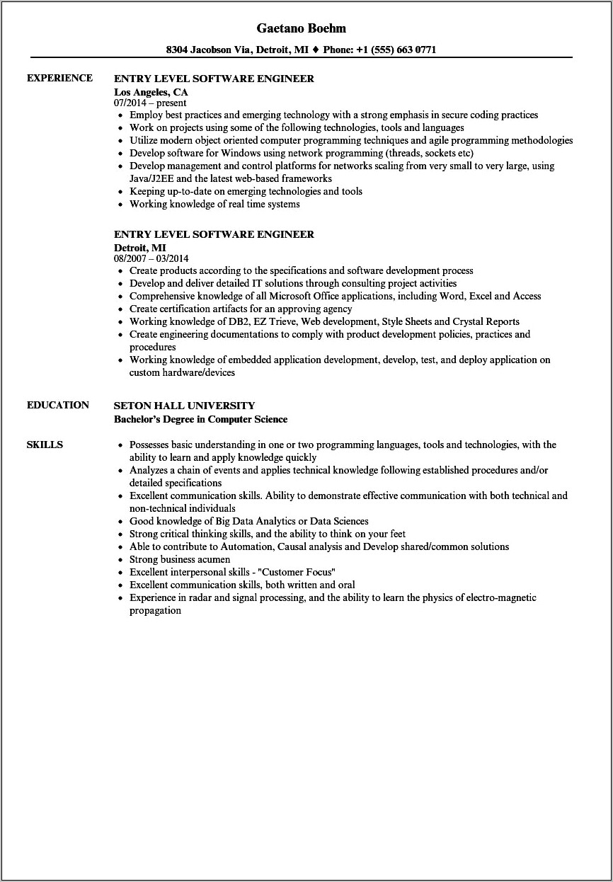 Entry Level Computer Science Resume Summary