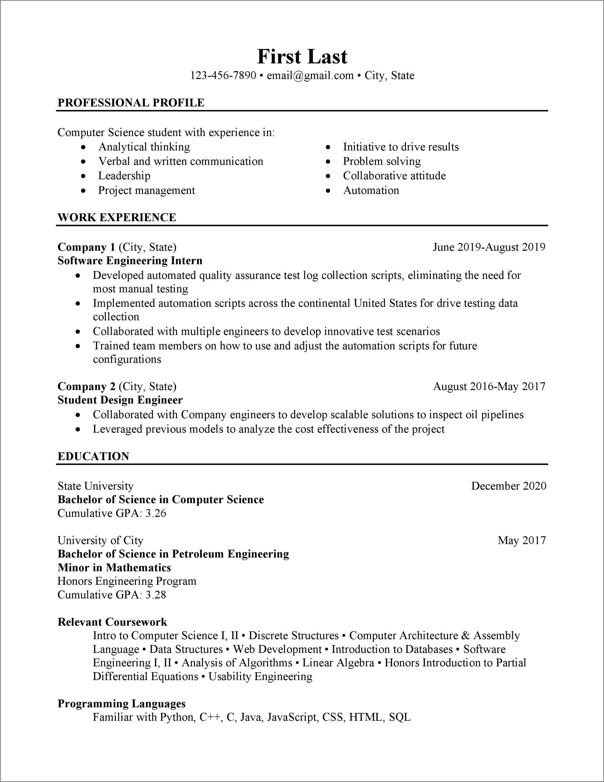 Entry Level Computer Science Resume Template