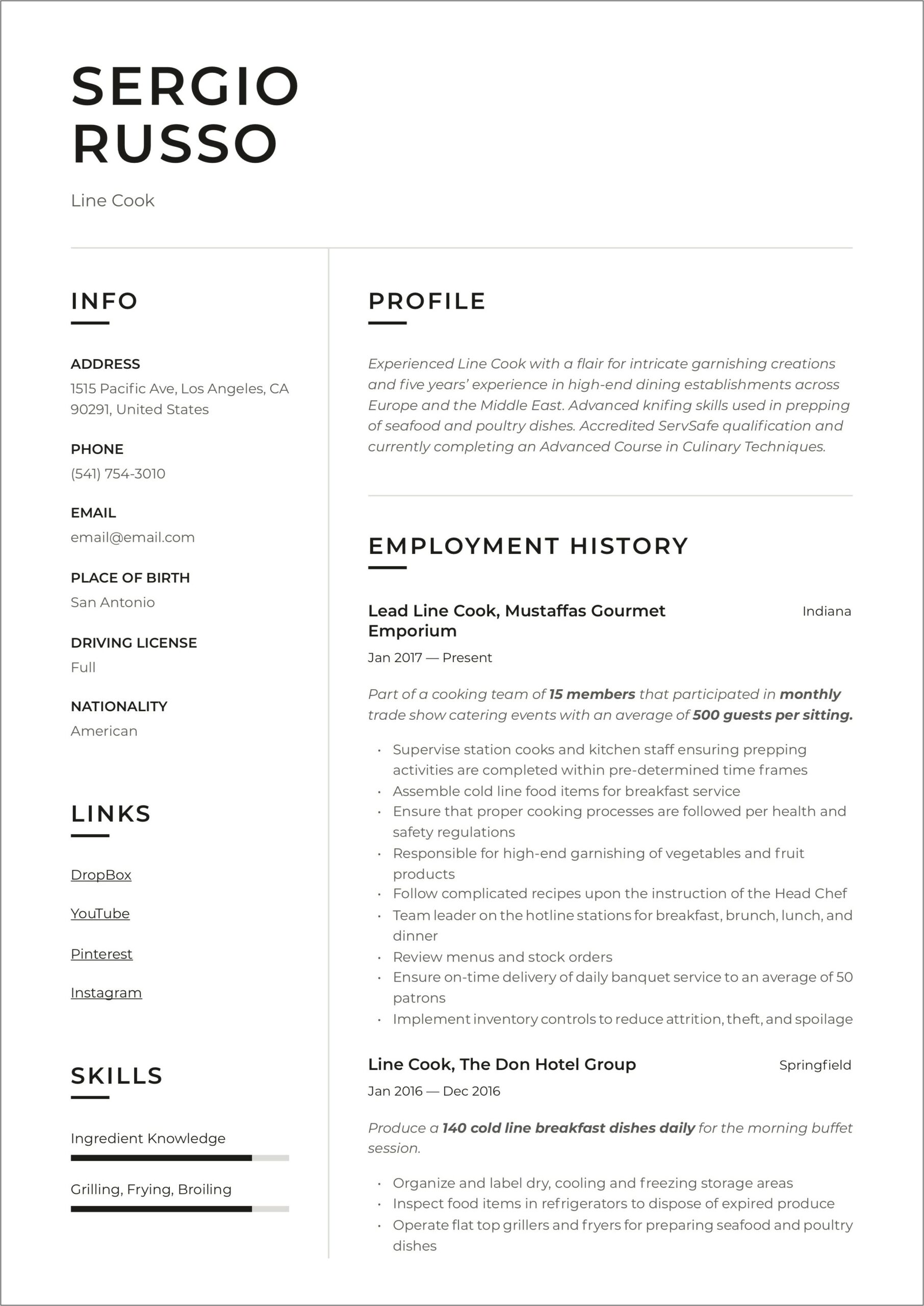 Entry Level Culinary Resume Examples