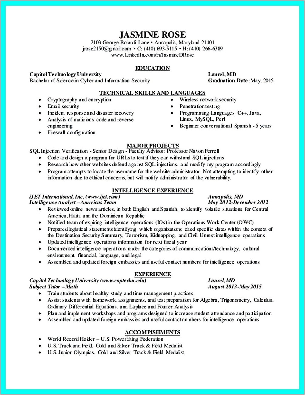 Entry Level Cyber Security Summary For Resume
