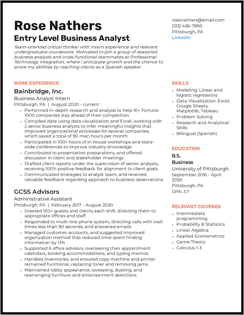 Entry Level Data Analyst Resume Example