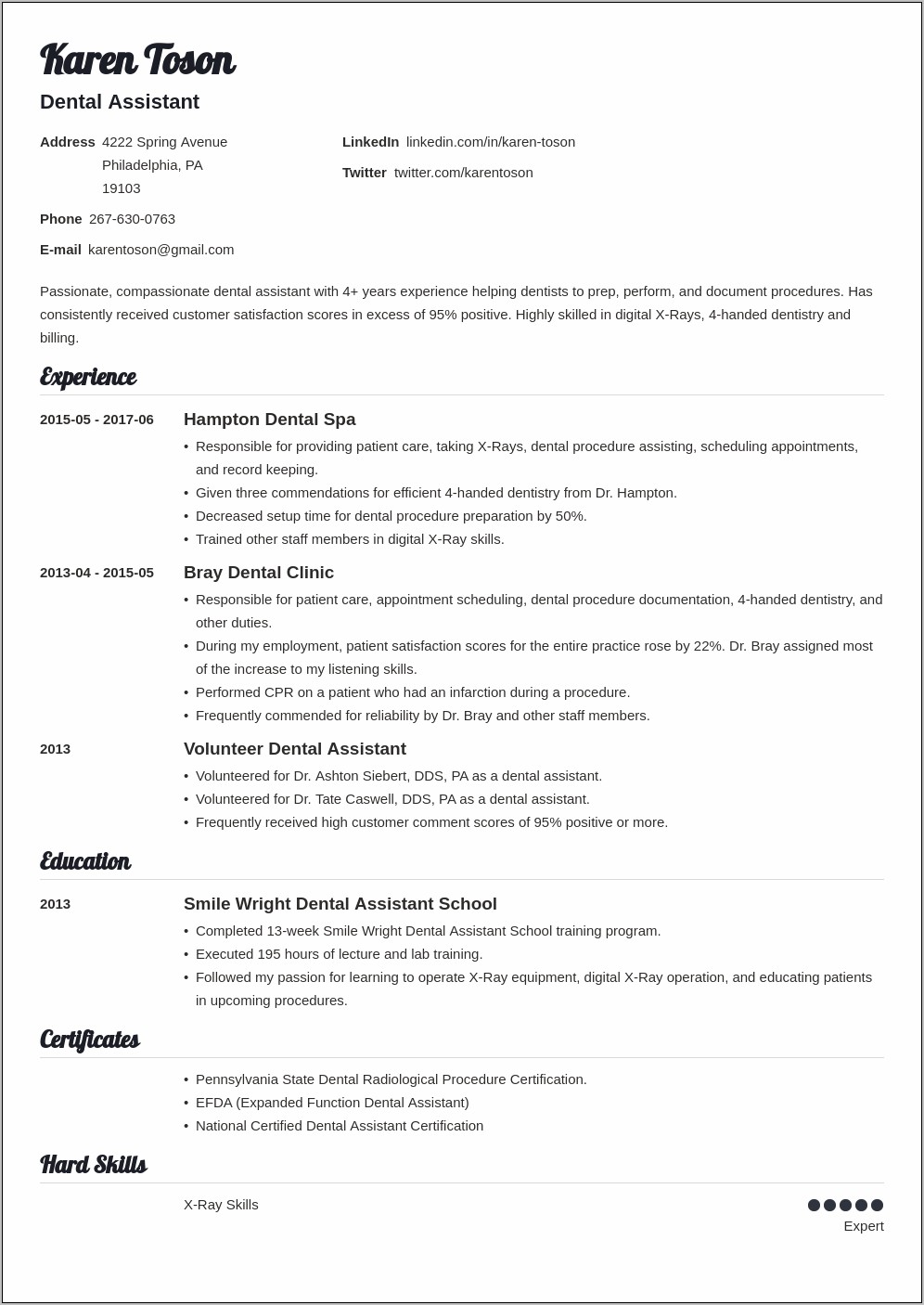 Entry Level Dental Assistant Resume Examples