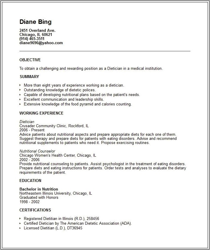 Entry Level Dietitian Resume Examples