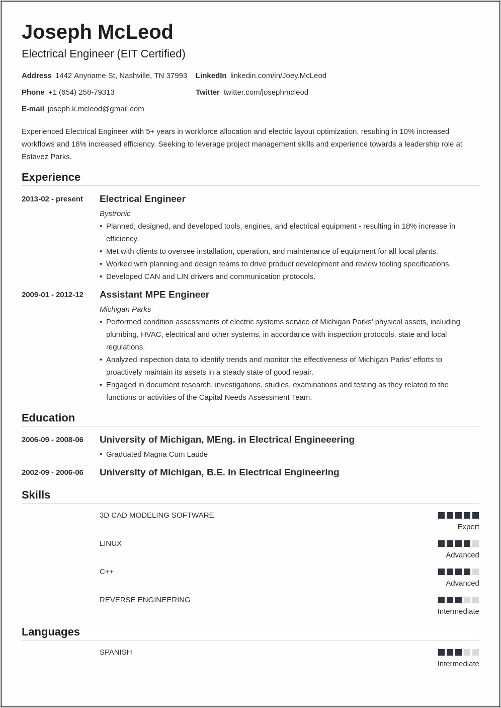 Entry Level Electrical Engineer Resume Template