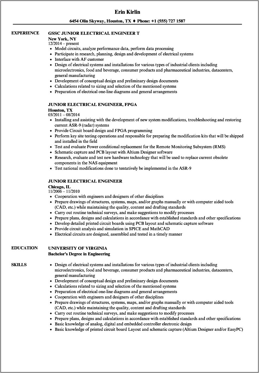 Entry Level Electrical Engineering Resume Objective