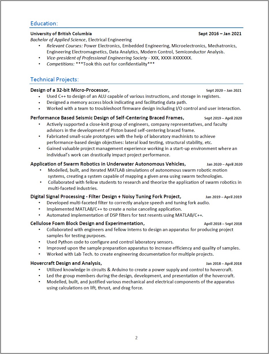 Entry Level Electrical Engineering Resume Sample