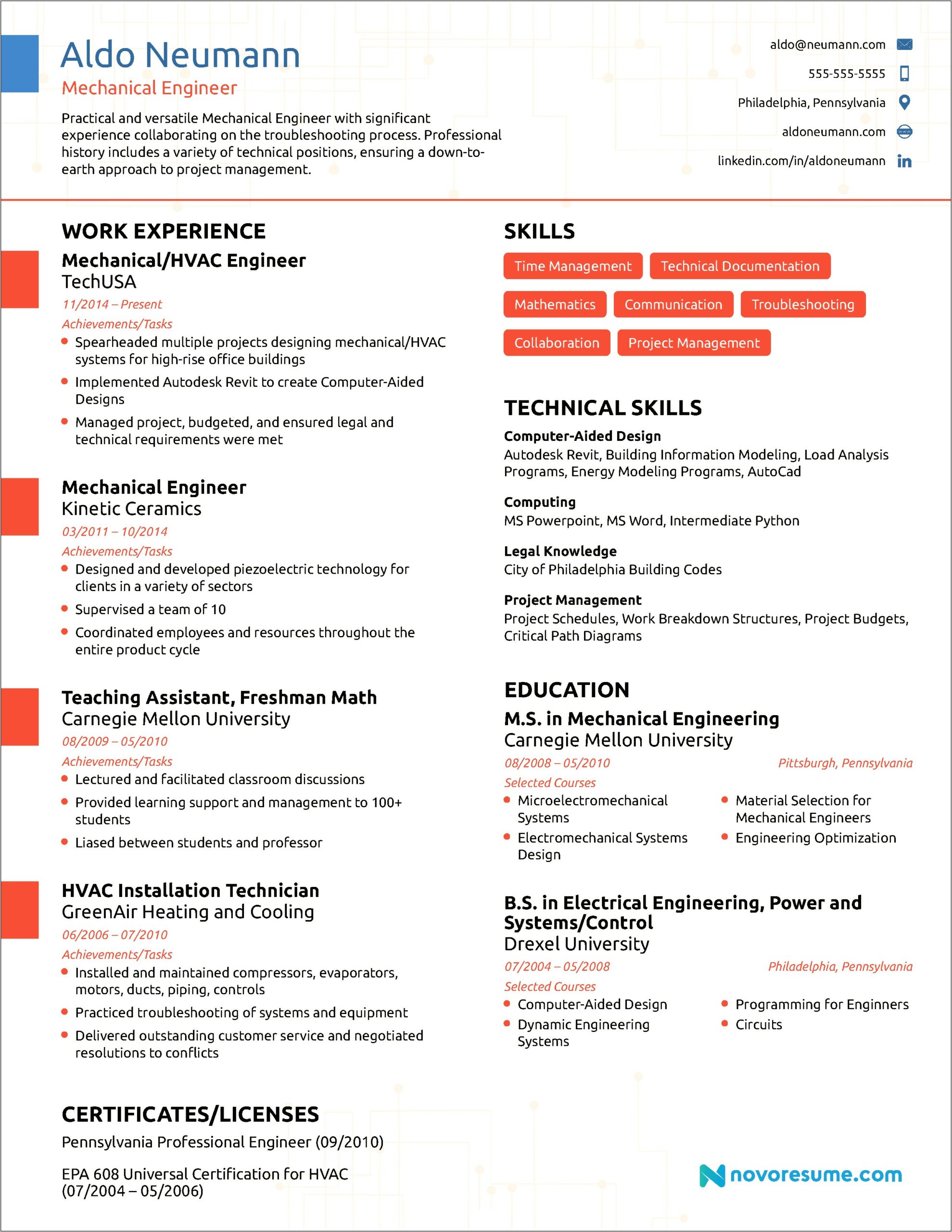 Entry Level Engineer Resume Template