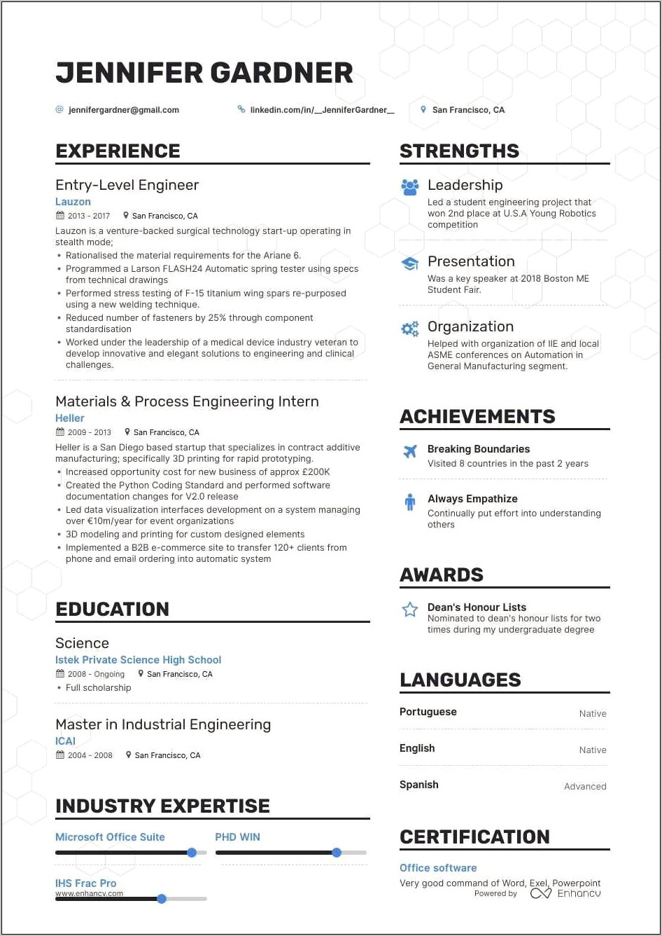 Entry Level Engineer Sample Resume
