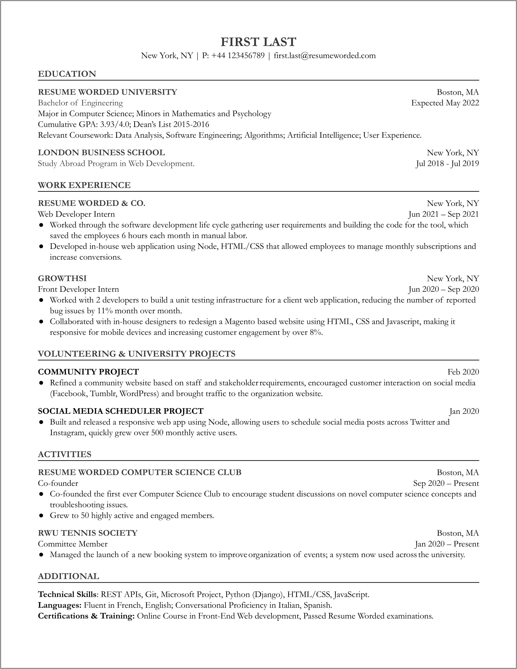 Entry Level Engineering Resume With First Job Experience