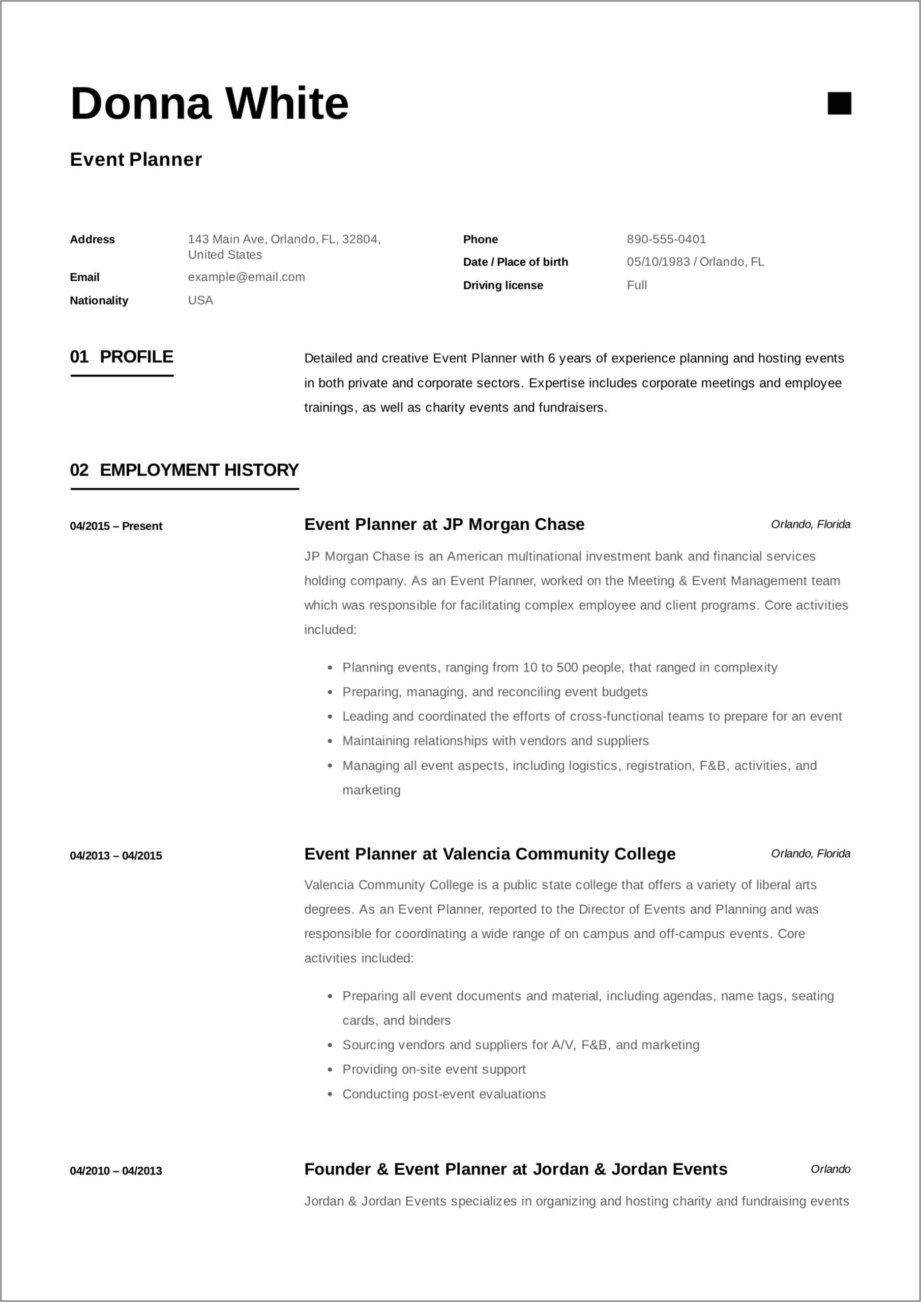 Entry Level Event Planning Resume Example