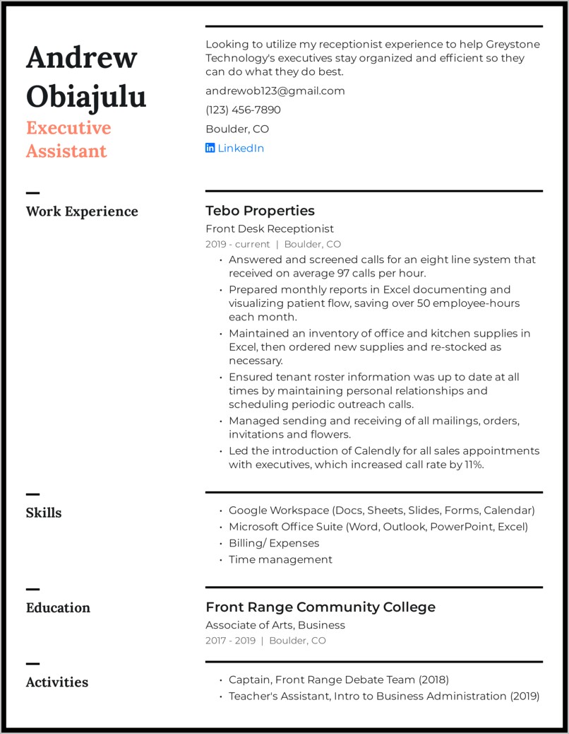 Entry Level Executive Assistant Resume Sample