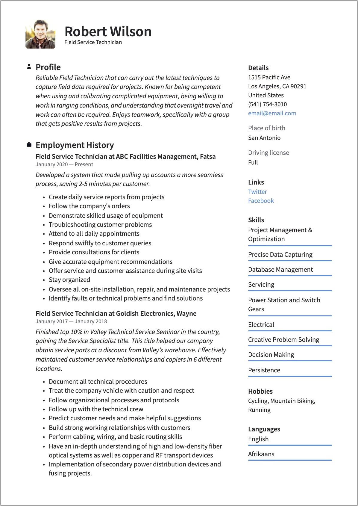 Entry Level Field Service Technician Resume Free Download