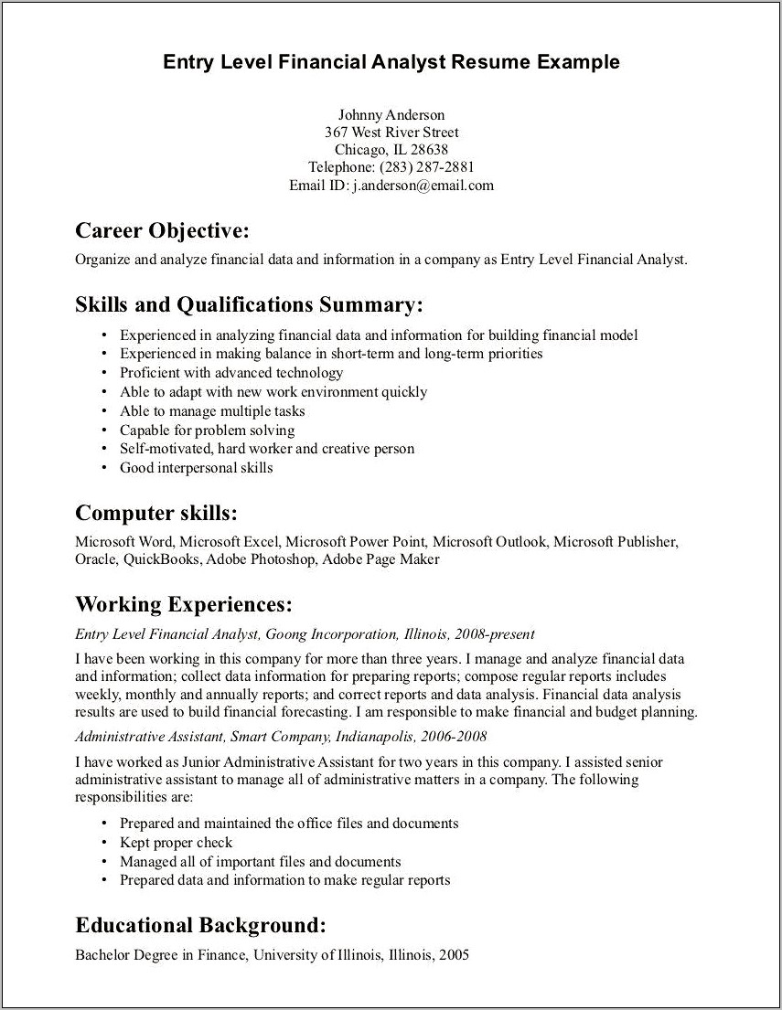 Entry Level Finance Resume With Objective
