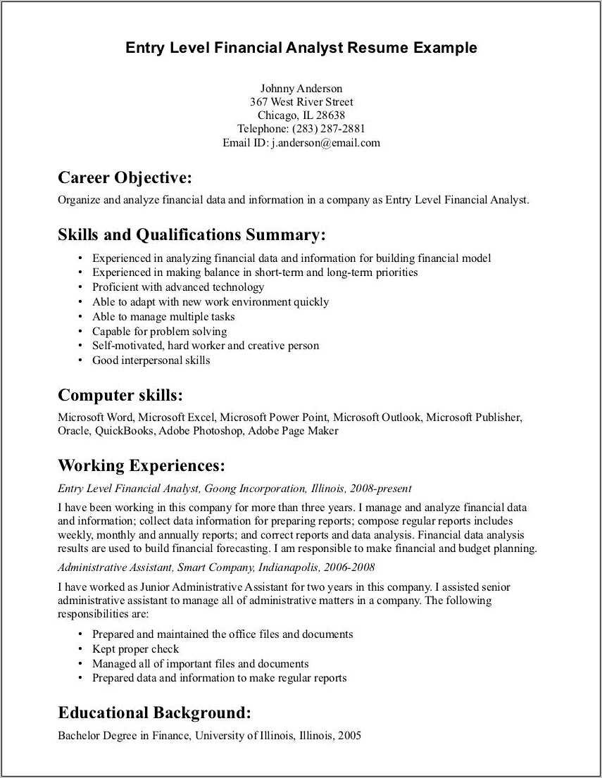 Entry Level Financial Advisor Resume Objective
