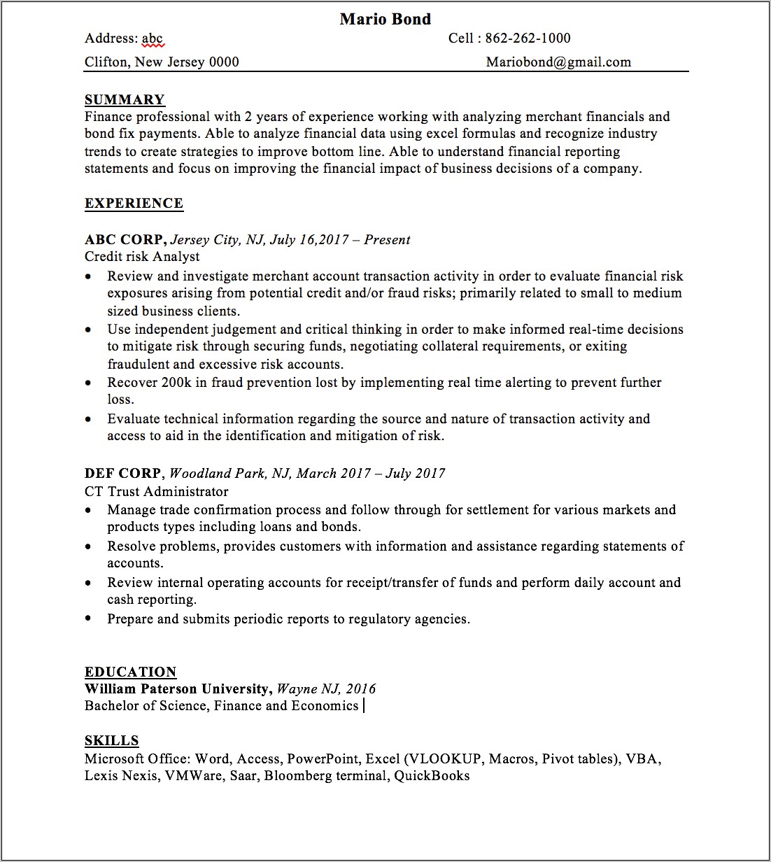 Entry Level Financial Analyst Resume Samples