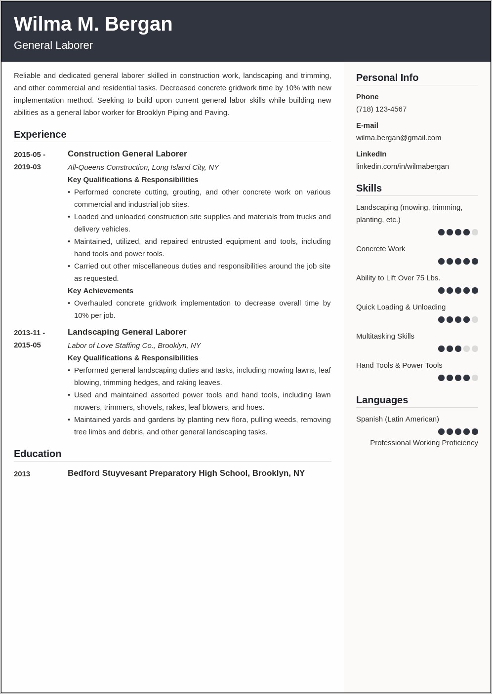 Entry Level General Laborer Resume Examples