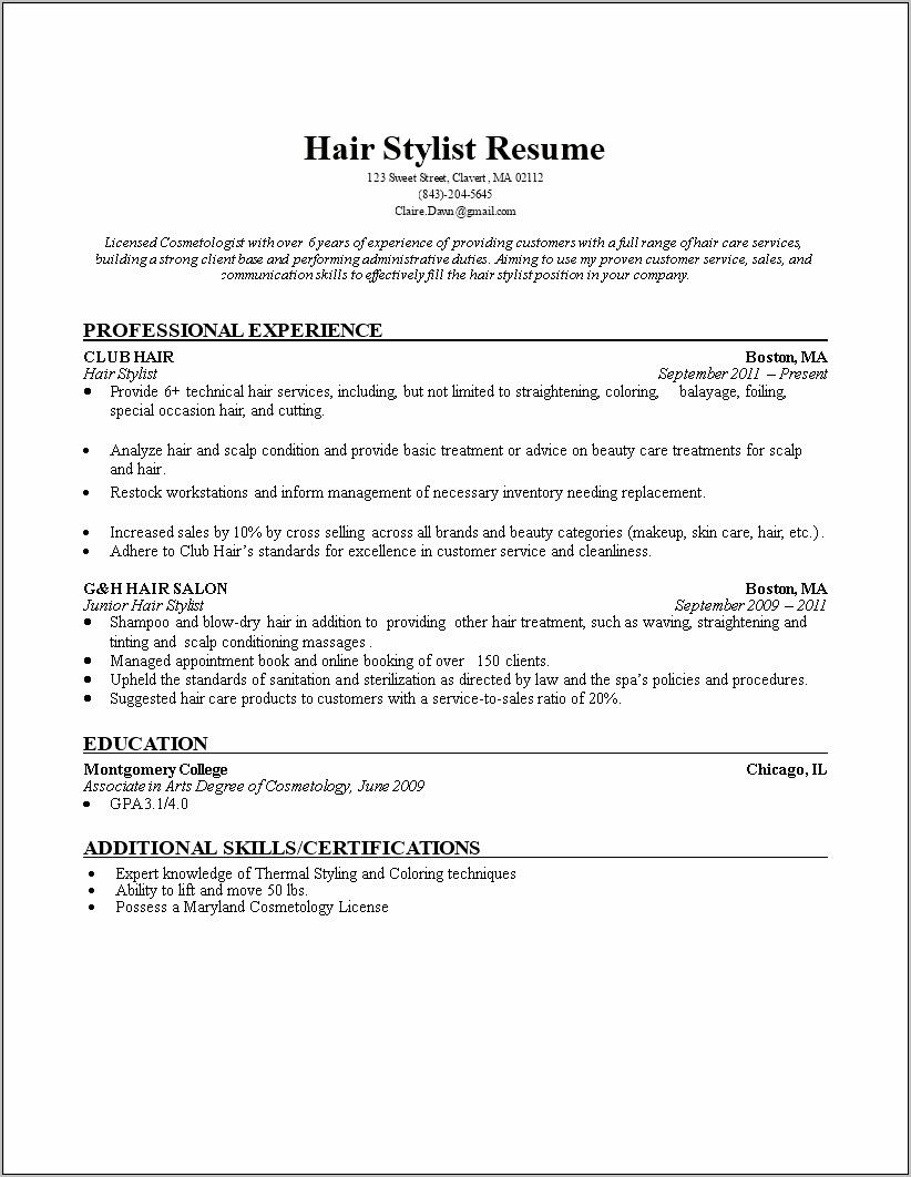 Entry Level Hair Stylist Resume Samples