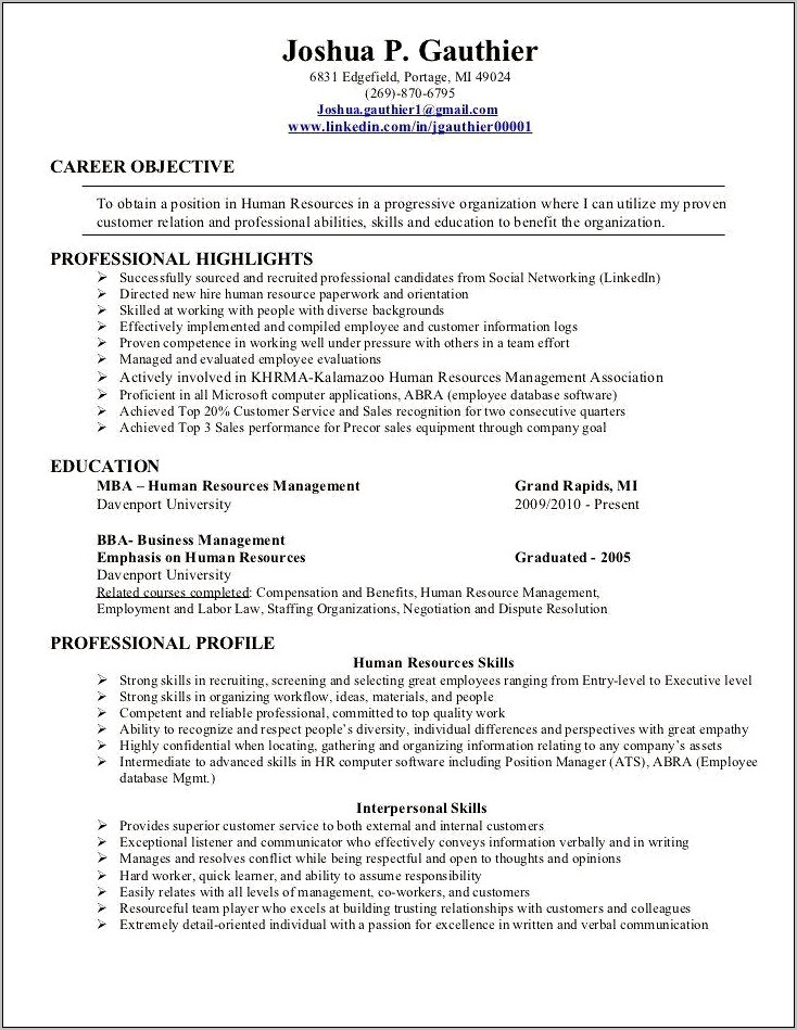 Entry Level Hr Objective For Resume