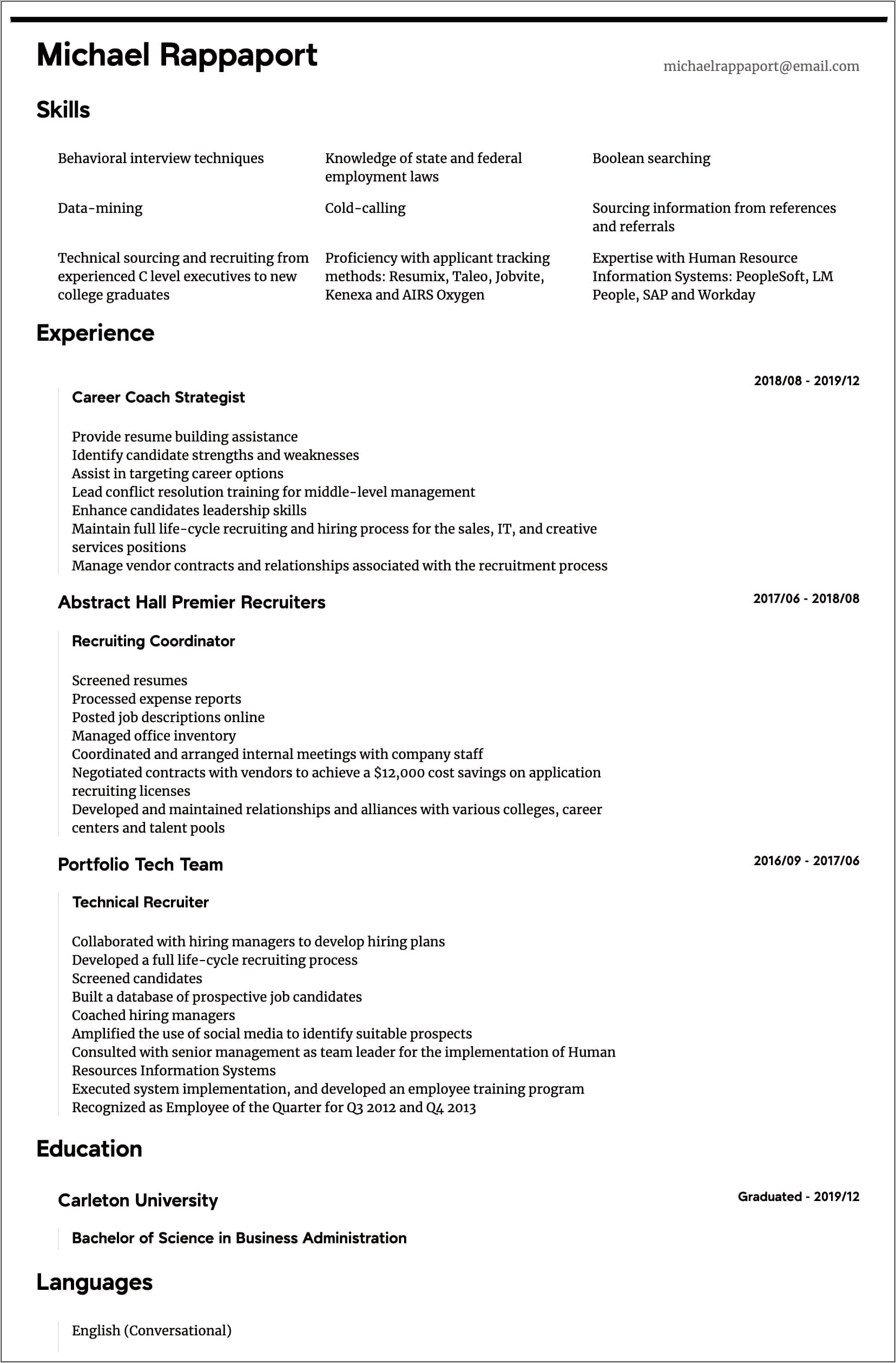 Entry Level Human Resources Resume Sample