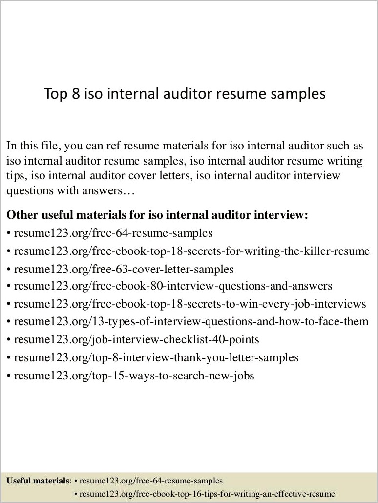 Entry Level Internal Auditor Resume Sample