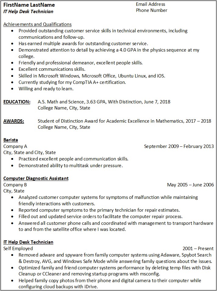 functional resume template it help desk entry level