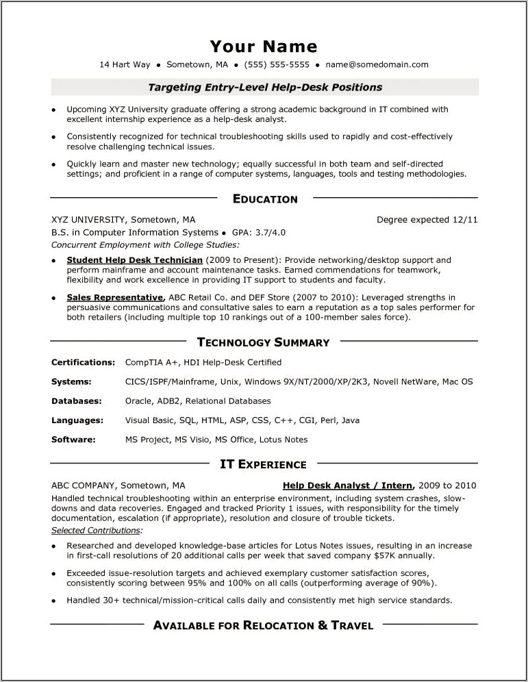 Entry Level It Technician Resume Examples