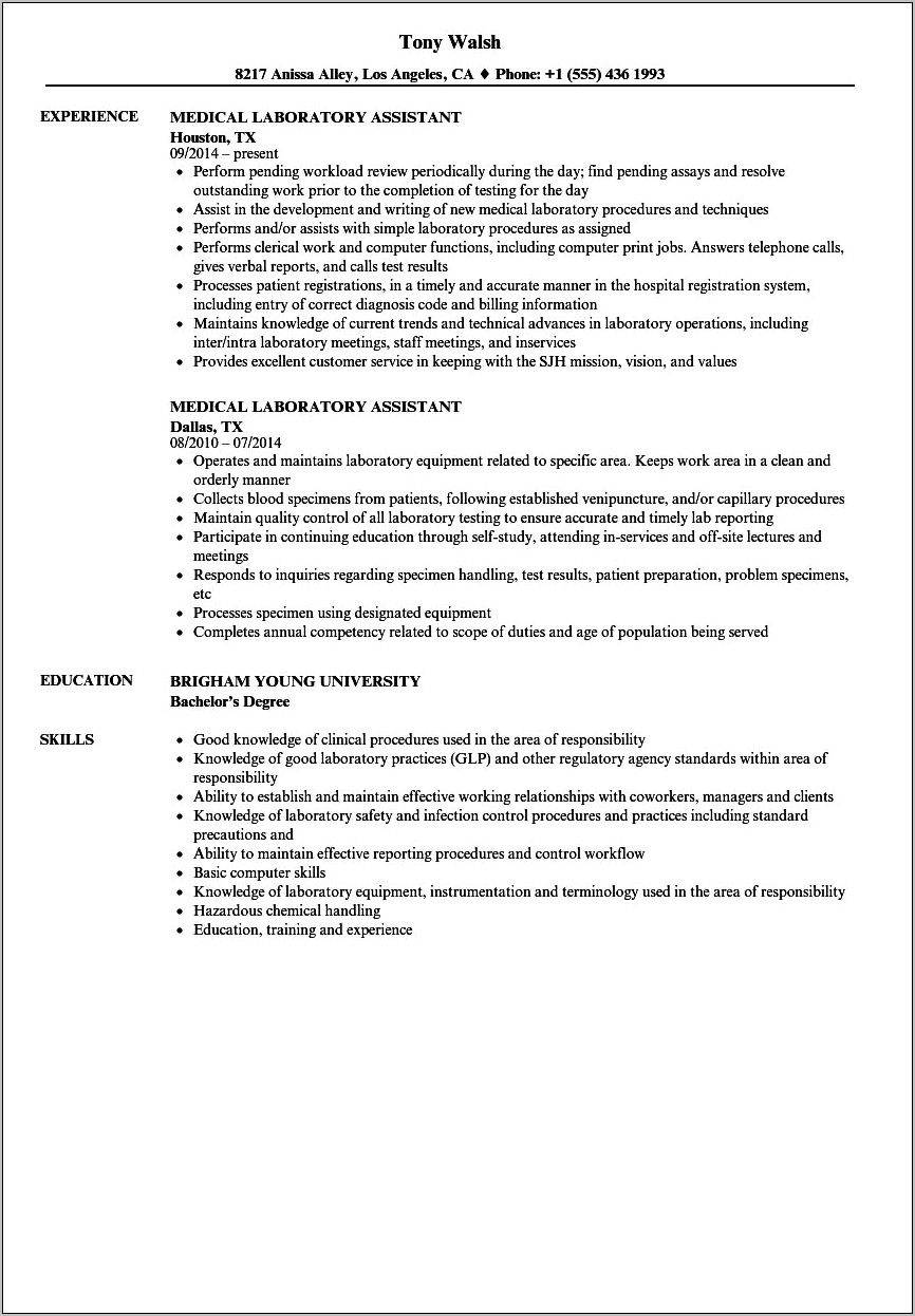 Entry Level Lab Assistant Resume Template Free Download
