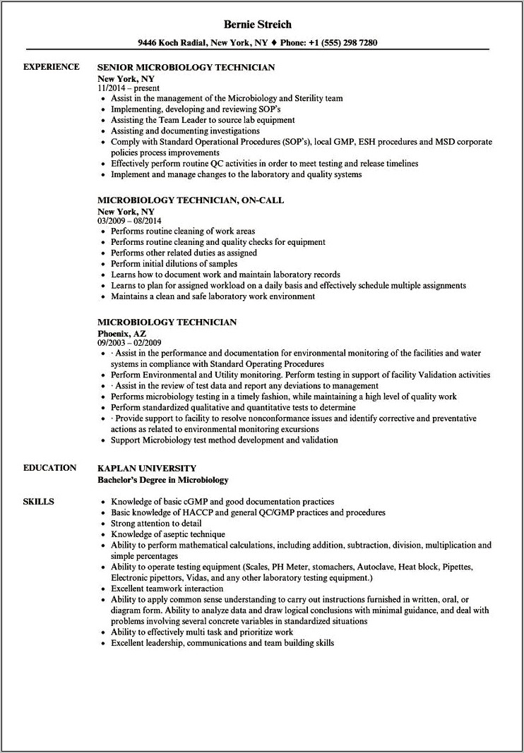 Entry Level Lab Technician Resume Example