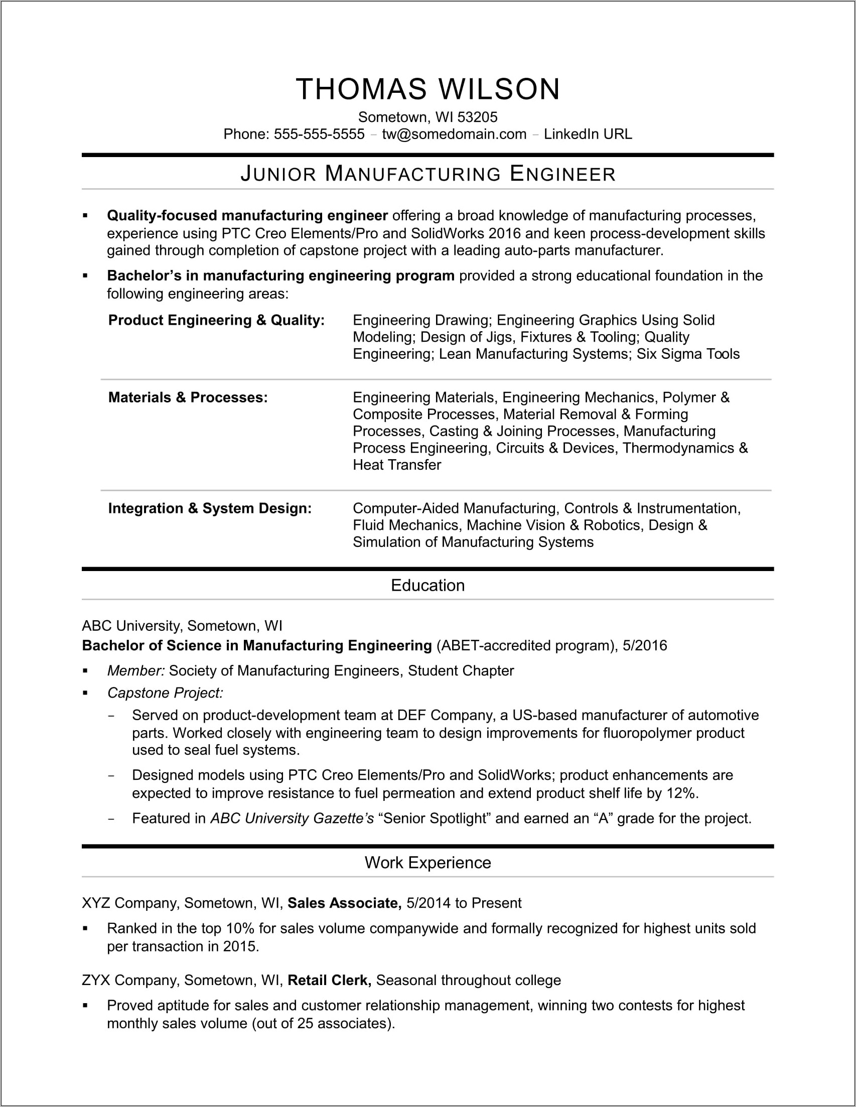 Entry Level Manufacturing Technician Resume Sample