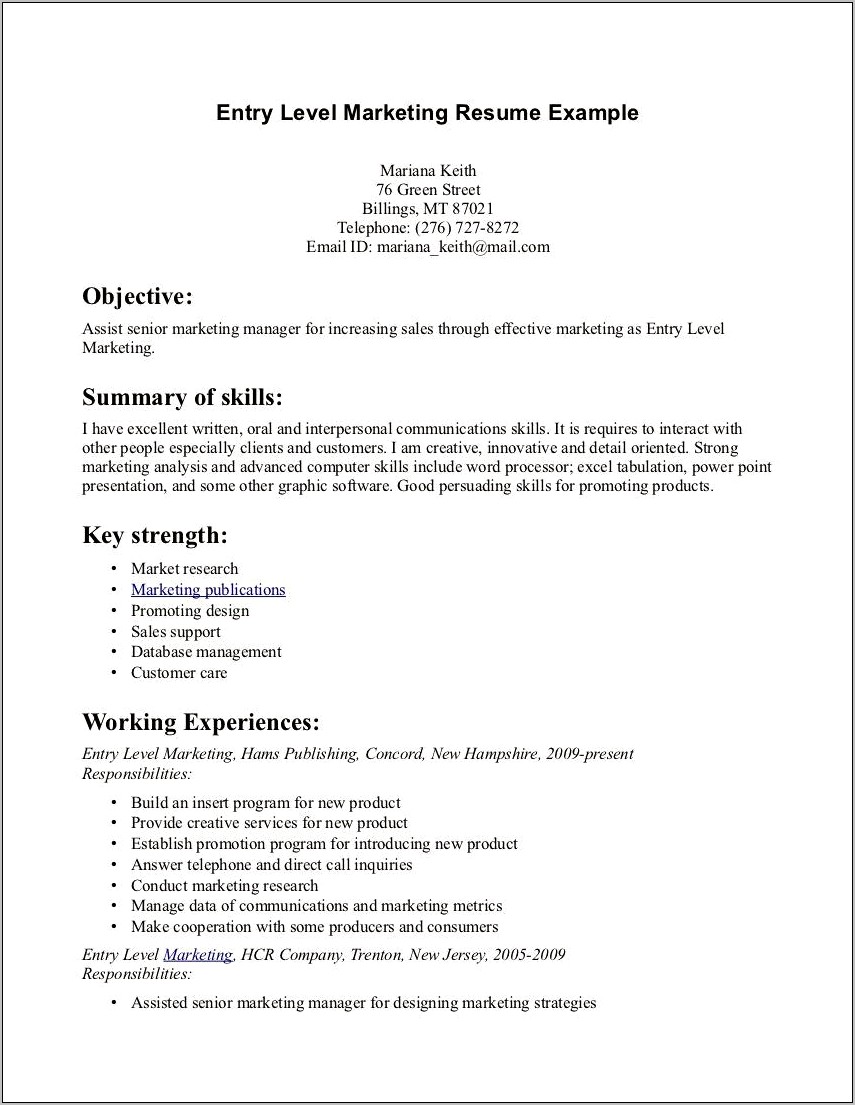 Entry Level Marketing And Sales Resume Example