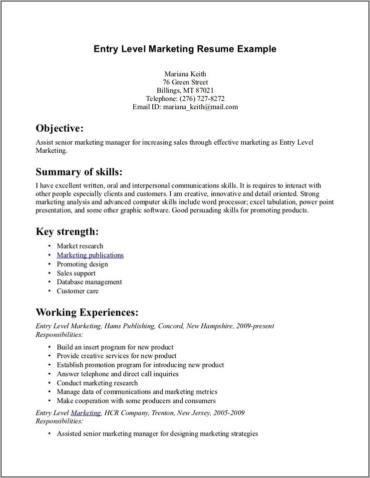 Entry Level Marketing Objective Resume