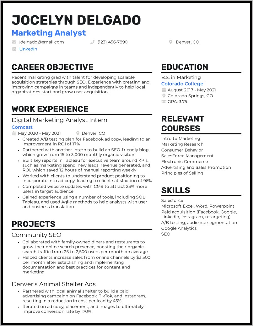 Entry Level Marketing Resume Summary Examples