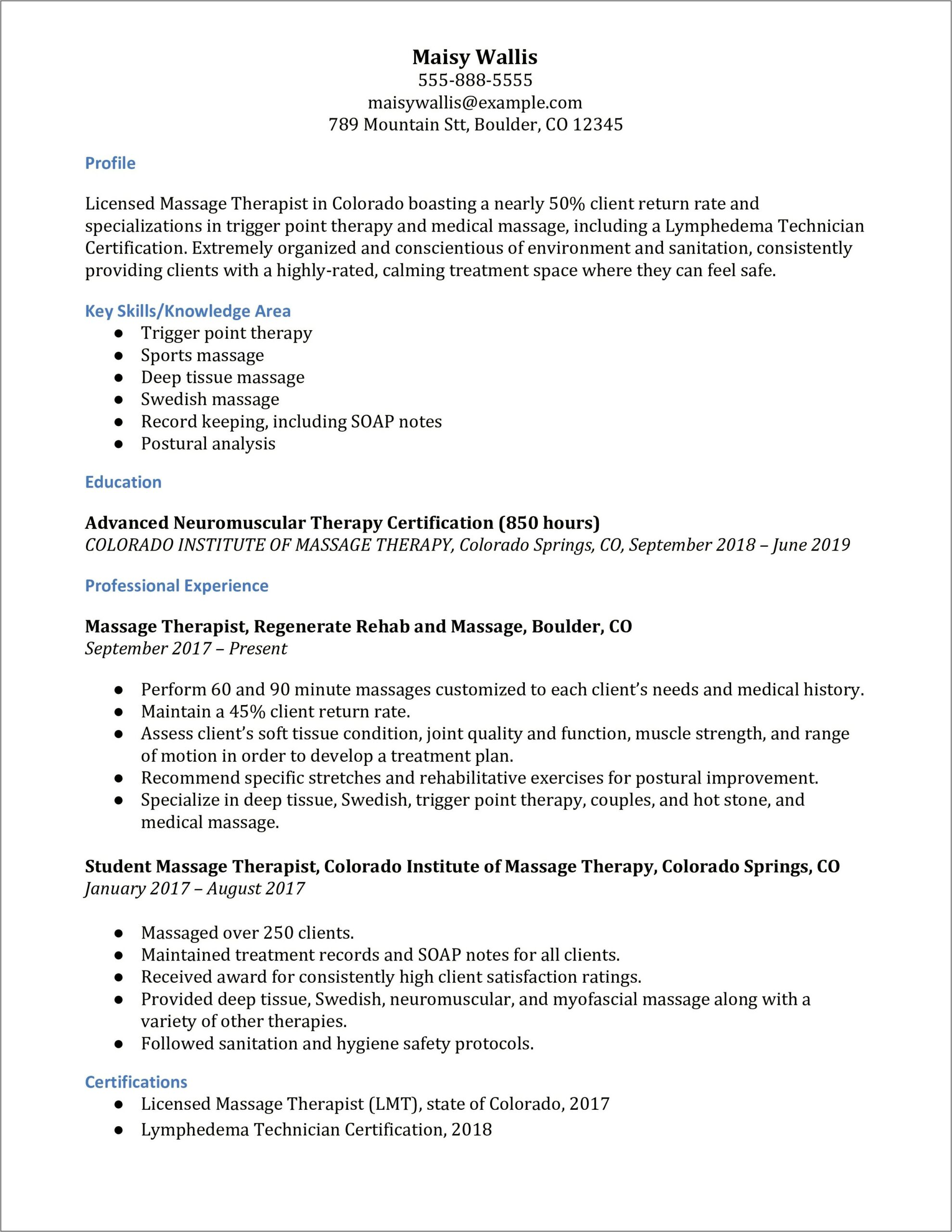 Entry Level Massage Therapist Resume Example