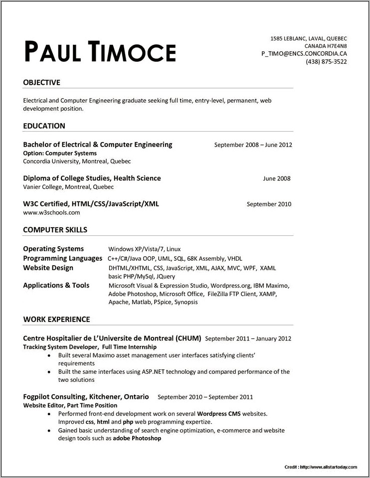 Entry Level Mechanical Engineer Resume Template