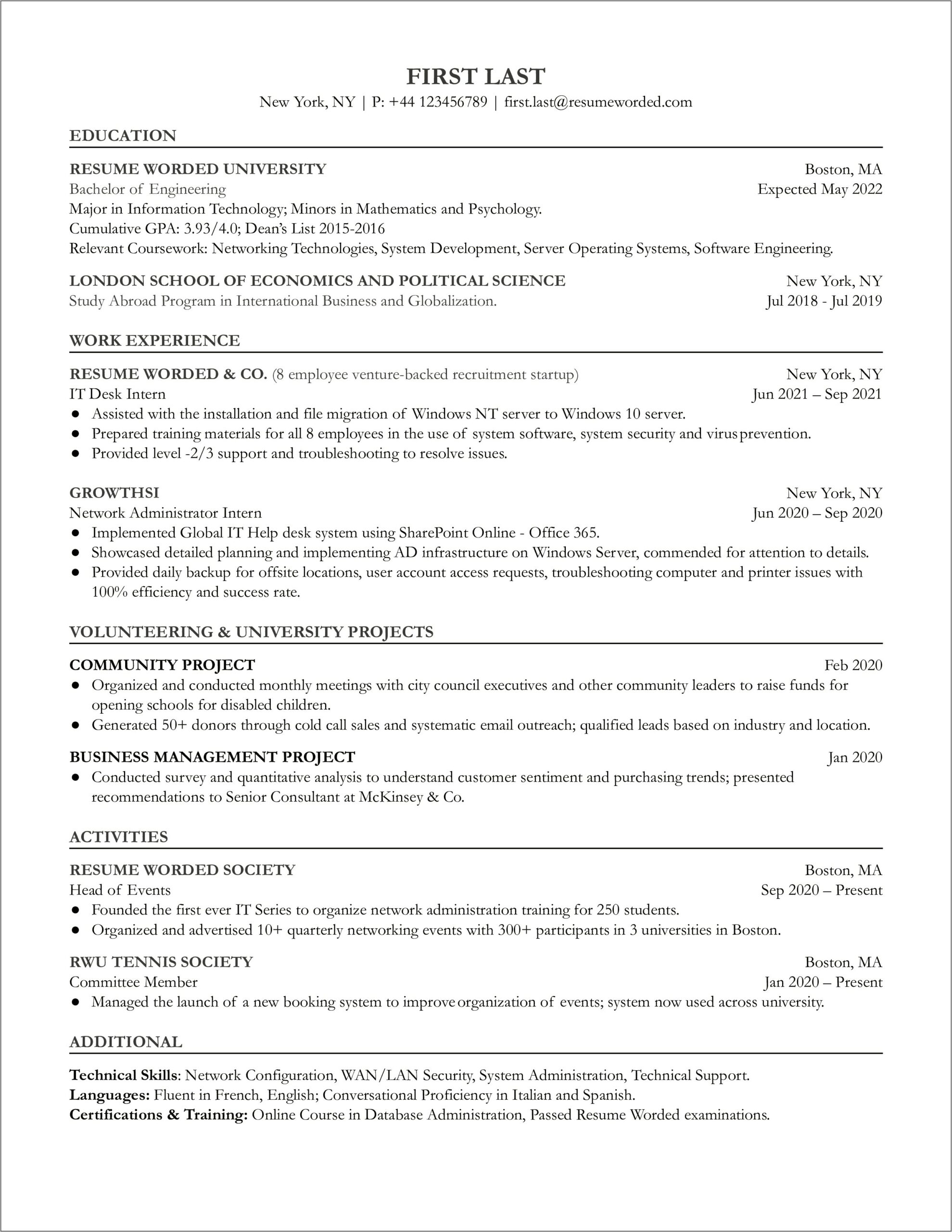 Entry Level Network Administrator Sample Resume