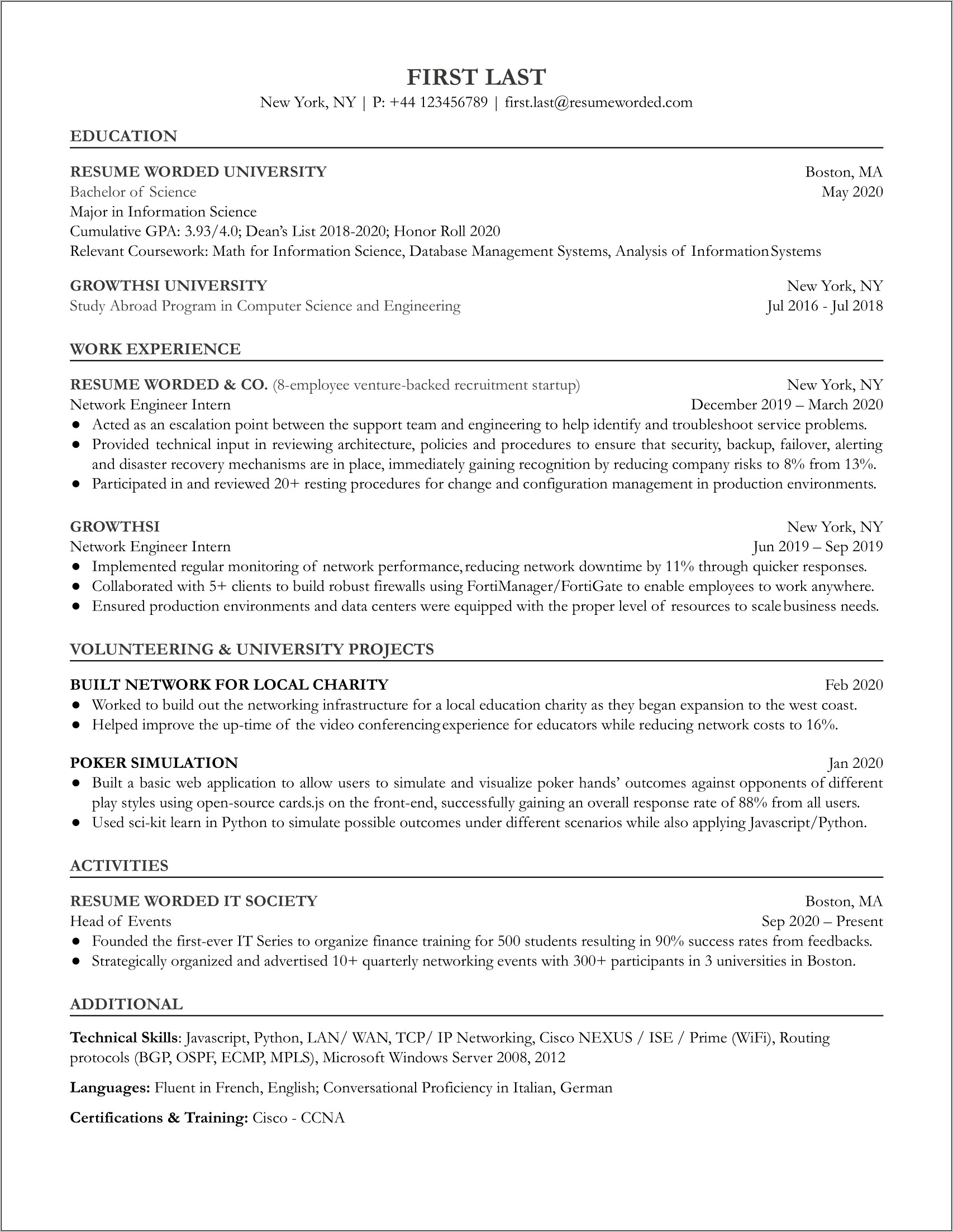 Entry Level Network Engineer Resume Example