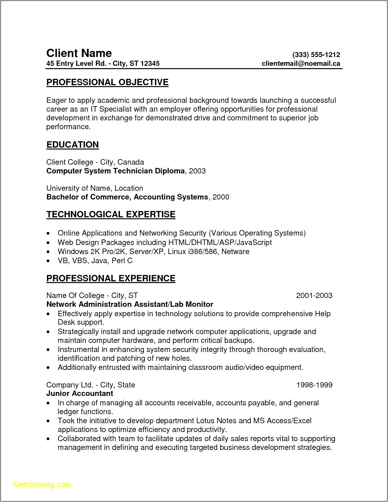 Entry Level Network Technician Sample Resume