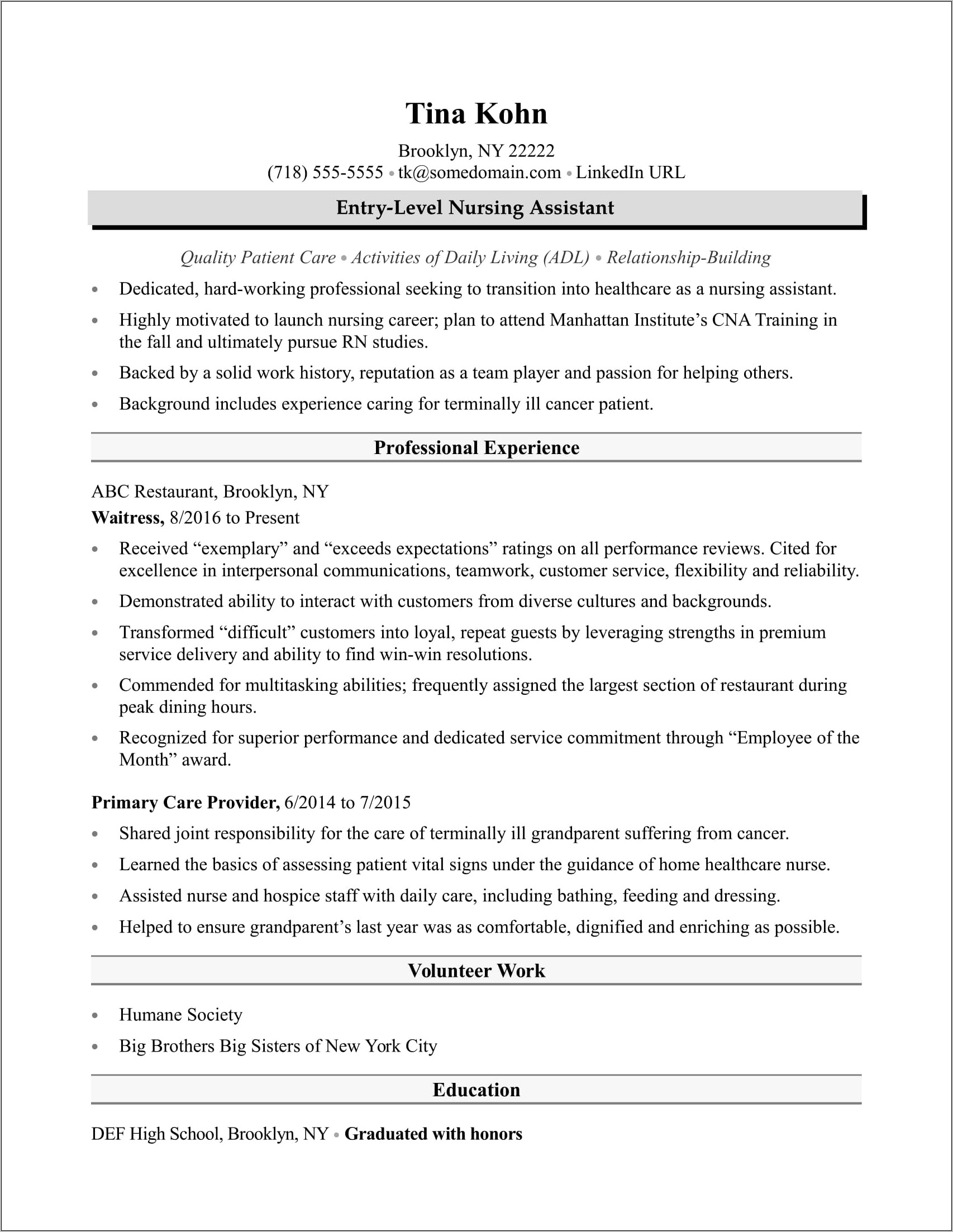 Entry Level Nursing Assistant Resume Sample
