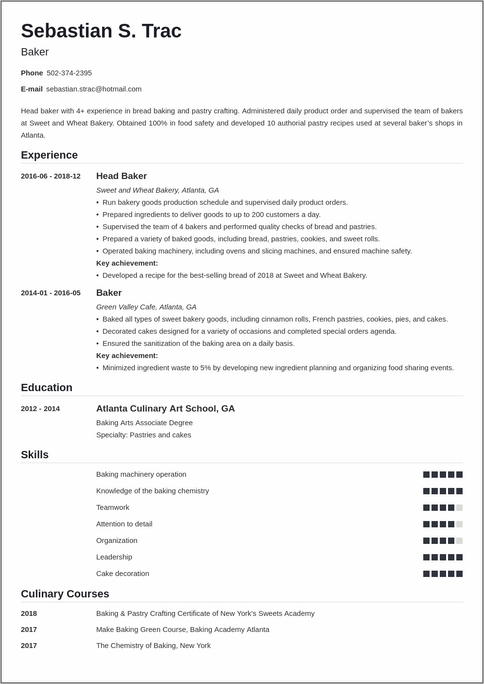 Entry Level Pastry Chef Resume Samples