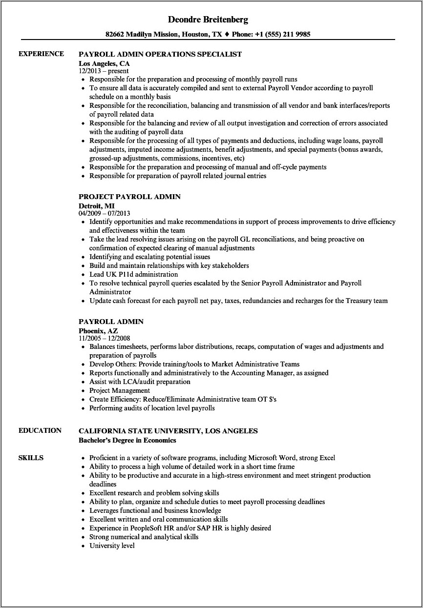 Entry Level Payroll Specialist Resume Sample