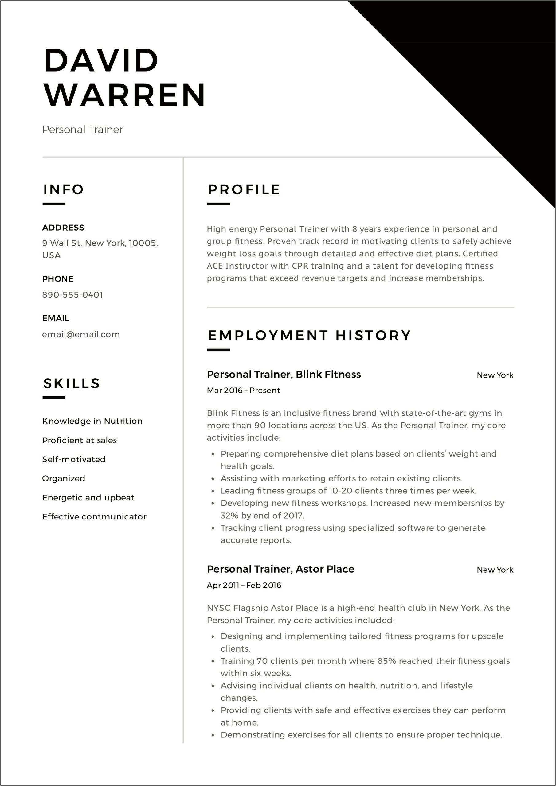 Entry Level Personal Trainer Resume Template