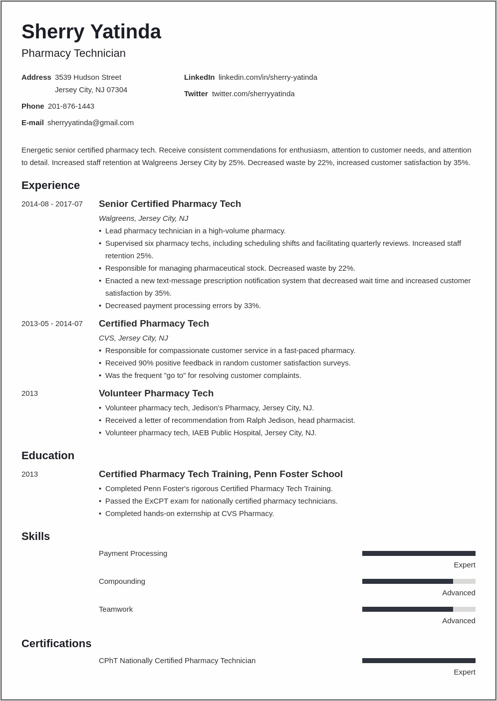 Entry Level Pharmacy Technician Resume Objective