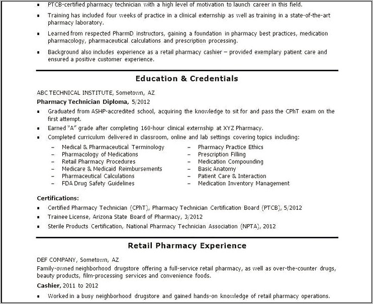 Entry Level Pharmacy Technician Skills Resume