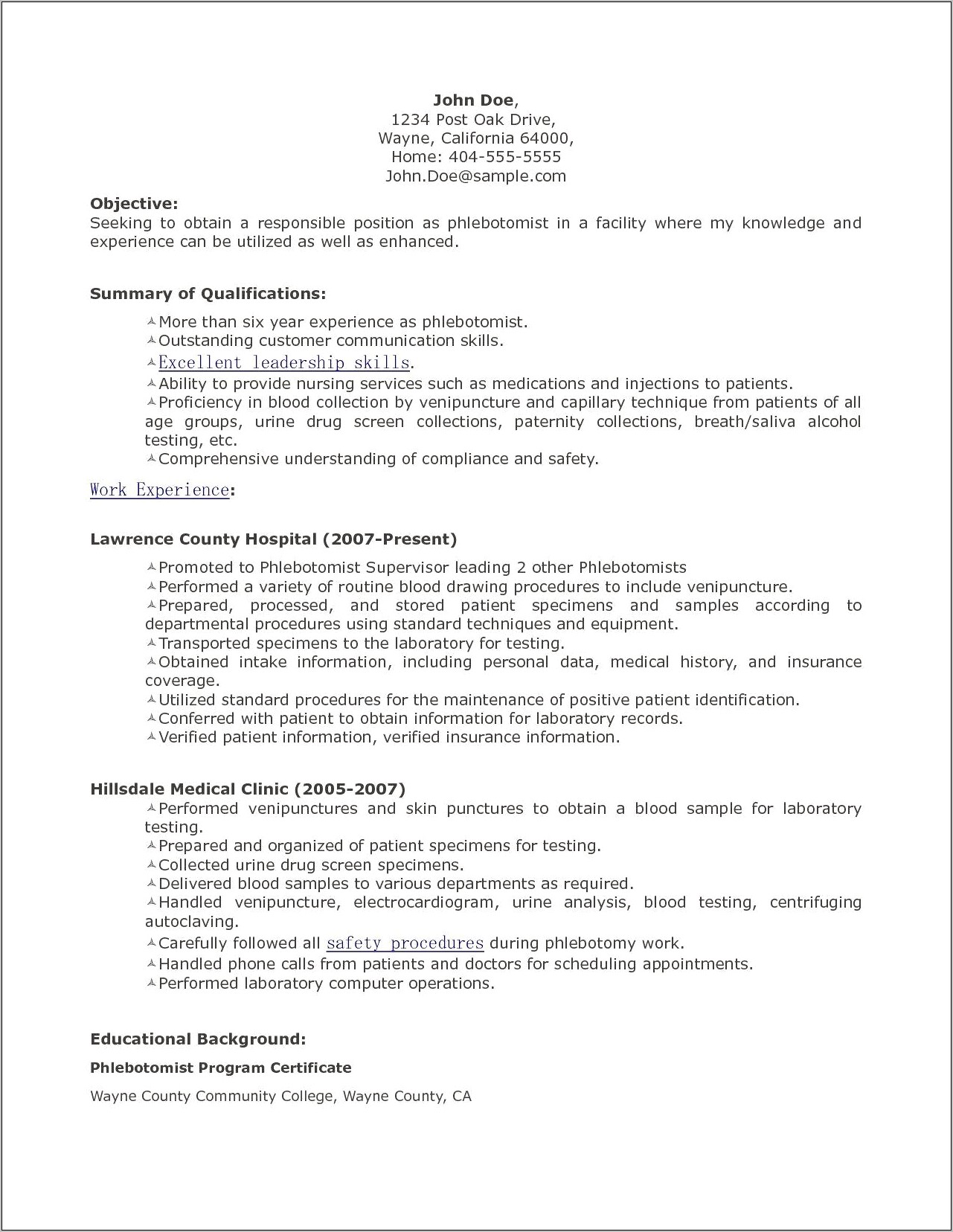 Entry Level Phlebotomist Cover Letter Resume