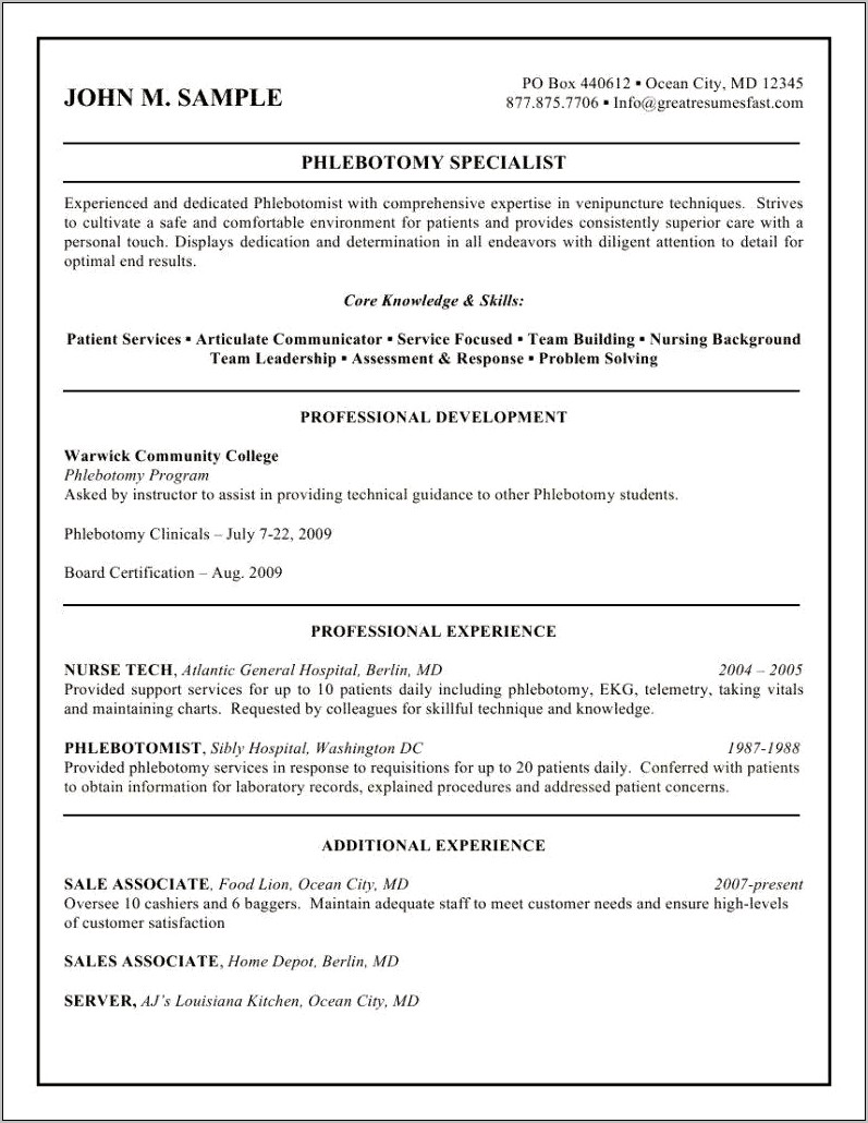 Entry Level Phlebotomist Resume Cover Letter