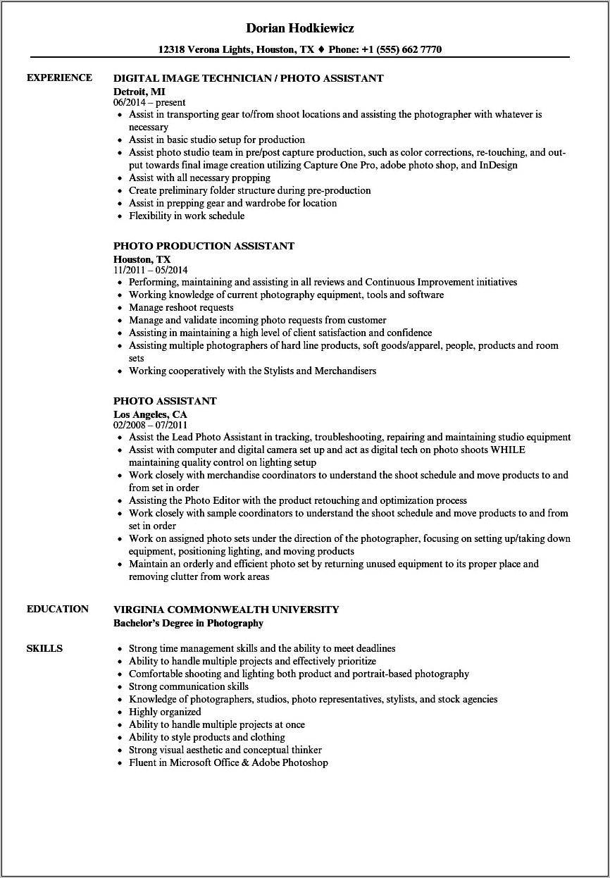 Entry Level Production Assistant Resume Sample
