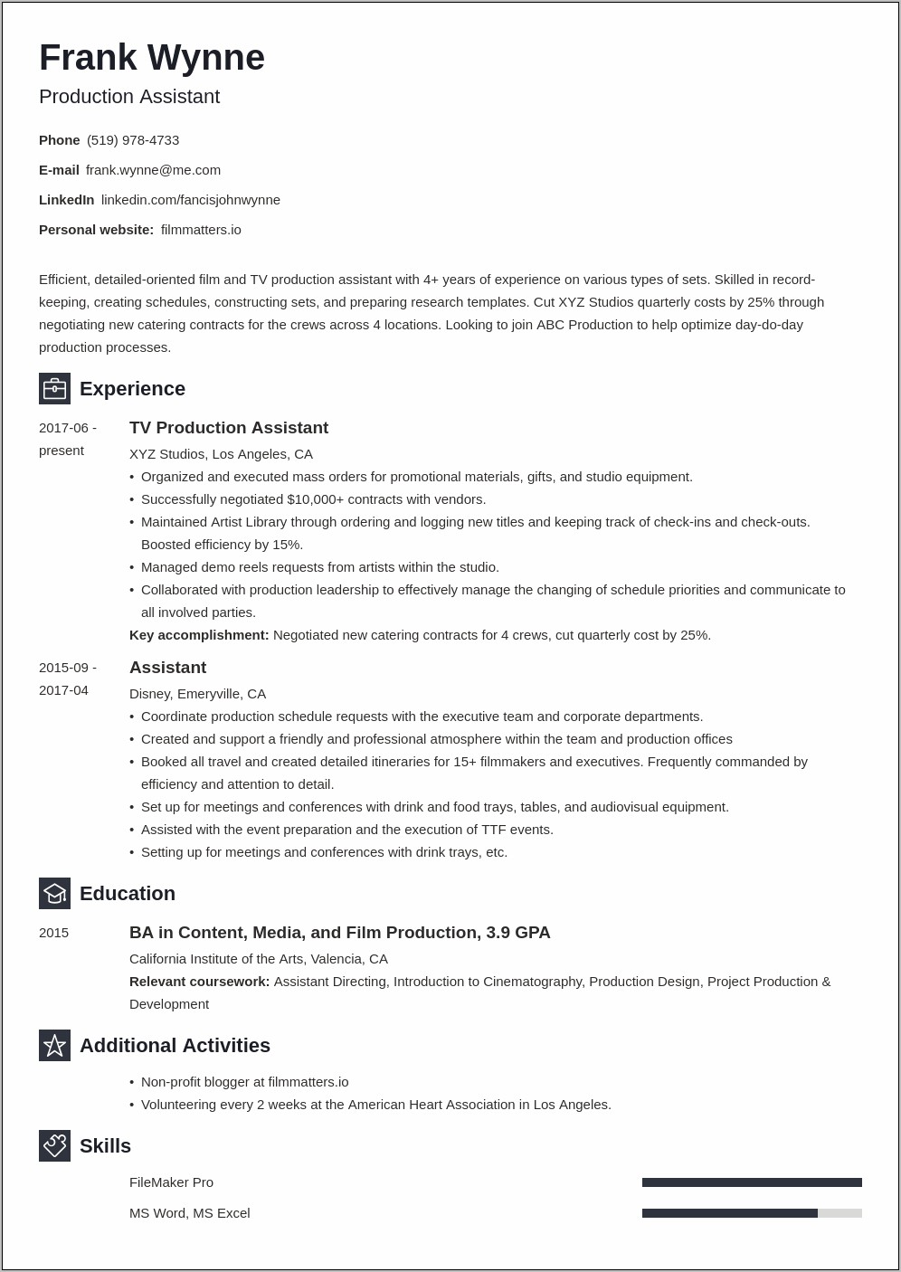 Entry Level Production Assistant Resume Template
